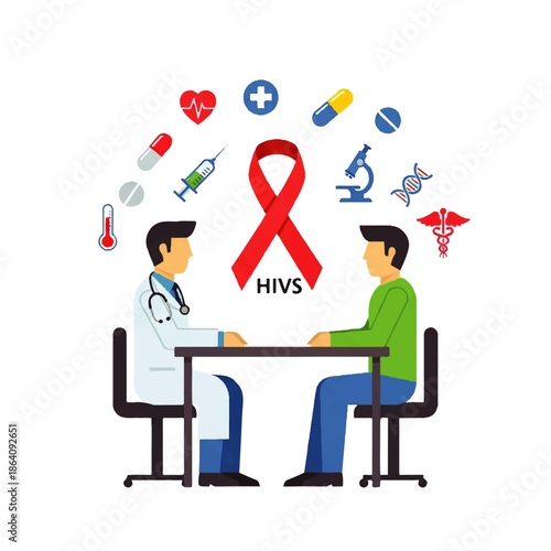 Vector flat design illustration of a doctor and patient discussing HIVS with medical symbols and a red awareness ribbon.