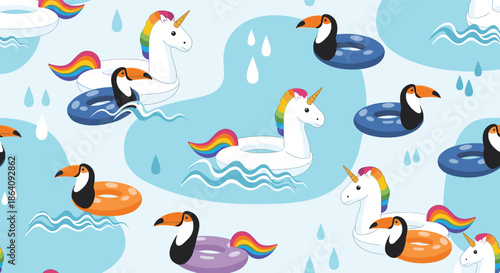Whimsical seamless pool party pattern with inflatable unicorn and toucan floats swimming in blue water under light summer rain.