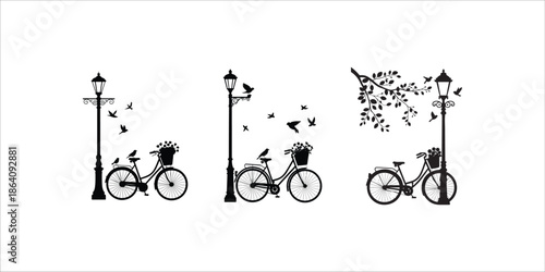 Vintage bicycle silhouette with flower basket vector illustration