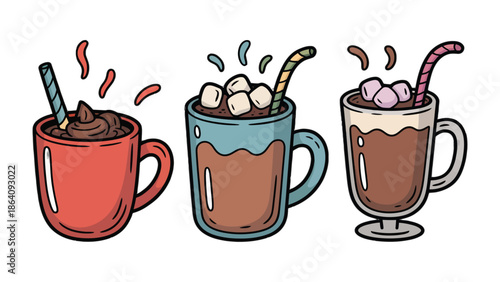 Cozy Warmth: Trio of charming mugs brimming with creamy, chocolatey delights, each adorned with whimsical straws and sweet, pillowy marshmallows, evoking a sense of warmth and comfort.