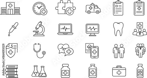 Medical healthcare and hospital outline icon set featuring diagnosis, treatment, emergency services, patient care, and clinical equipment