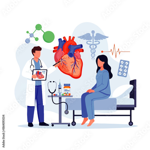 Vector flat design illustration of a doctor discussing a heart model with a patient in a hospital bed, surrounded by medical symbols and diagrams.