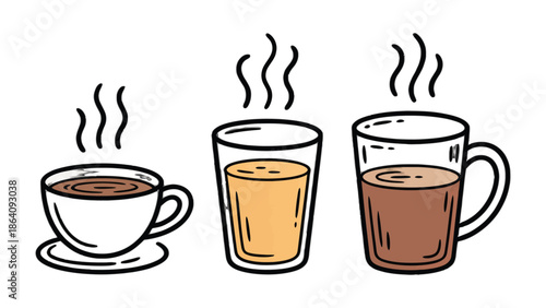 A Trio of Warming Beverages: Three inviting glasses and mugs are steaming with hot drinks, offering a comforting visual of caffeine and refreshment.