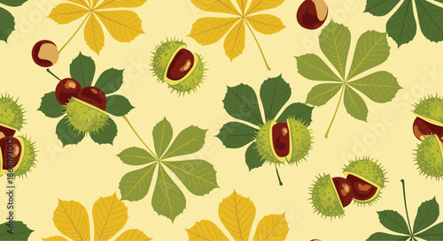 Seamless autumn pattern featuring horse chestnut leaves in green and yellow, along with chestnuts both in and out of their spiky shells.