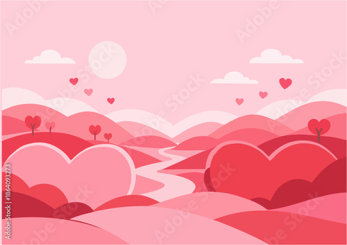 Romantic Valentine's Day landscape with heart shaped hills and trees in pink tones vector illustration