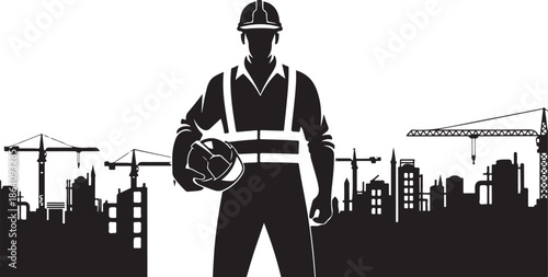Construction Worker Silhouette with City Skyline

Industrial Engineer and Factory Silhouette Vector

Builder Worker Safety Helmet Black Illustration