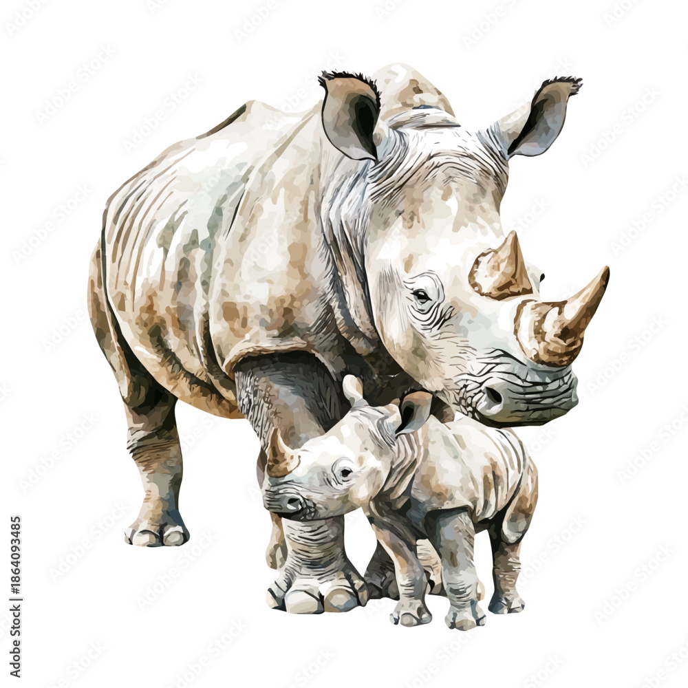 Obraz premium Mother Rhinoceros With Her Kid, beautiful watercolor illustration with vivid colors and detailed vector style, isolated on a white background.