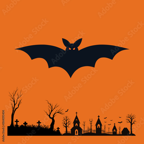Halloween Bat Silhouette over Spooky Town Skyline on Orange Background
