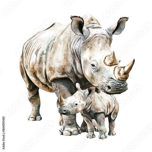 Mother Rhinoceros With Her Kid, beautiful watercolor illustration with vivid colors and detailed vector style, isolated on a white background.