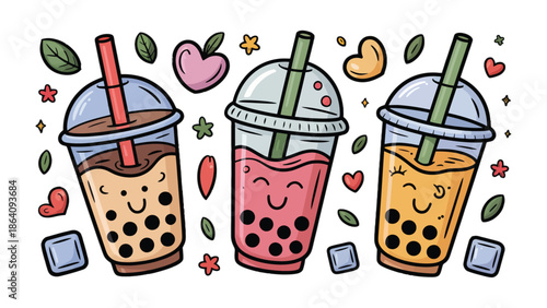 Refreshing Boba Tea Trio: Delightful illustrations of three colorful boba tea cups, each with unique flavors and charming smiles, adorned with playful elements, creating a sweet and inviting scene.
