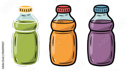 Refreshing Trio of Beverages: A colorful collection of three refreshing bottled drinks with vibrant hues tantalizes the senses, perfect for quenching thirst. 