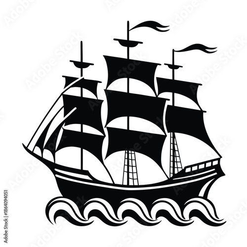Giant Sailing Ship Silhouette on Ocean Waves – Black and White Nautical Vector Illustration