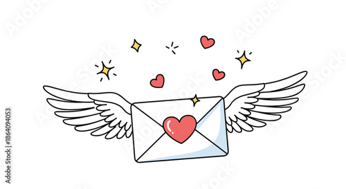 Cute doodle of a flying love letter with angel wings, a heart seal, and sparkling stars, symbolizing a romantic message.