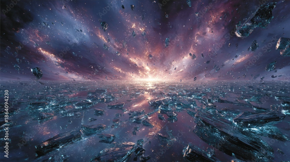 Obraz premium Dreamy celestial landscape with shattered surface and vibrant sunrise