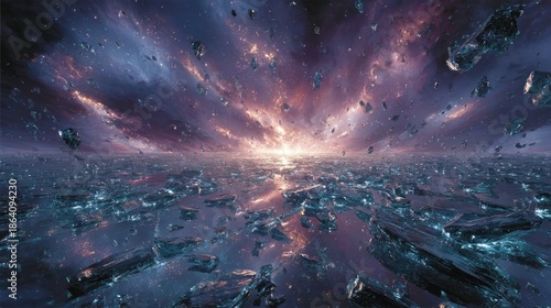 Dreamy celestial landscape with shattered surface and vibrant sunrise