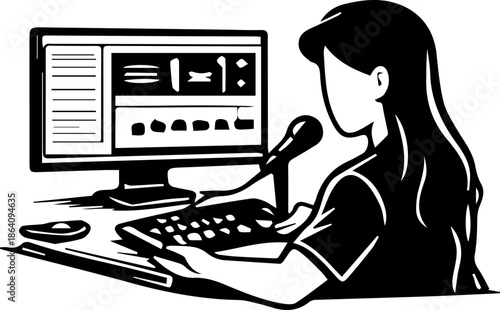 Female Blogger Typing on Keyboard with Microphone Screen