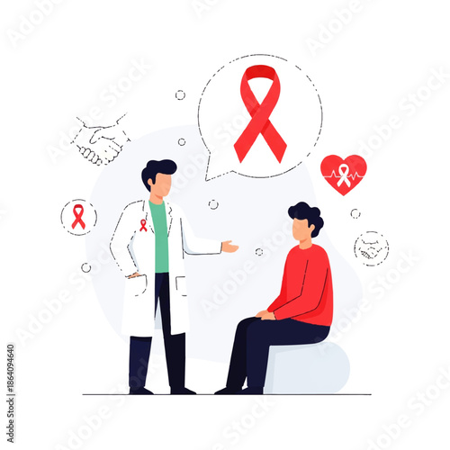 Vector flat design illustration of a doctor discussing with a patient, surrounded by HIV awareness symbols and a red heart on a white background.