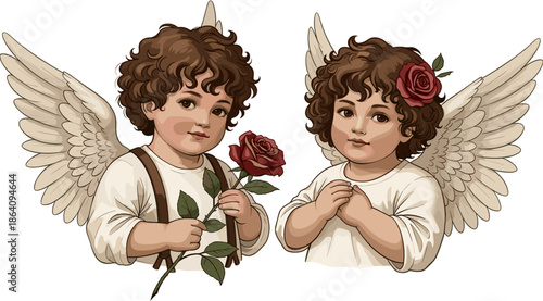 Картината върху платно Two vintage Victorian style cherub angels with curly brown hair and white wings