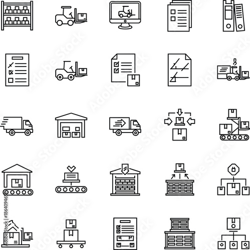 Warehouse logistics and supply chain outline icon set featuring inventory management, shipping, storage, and distribution operations