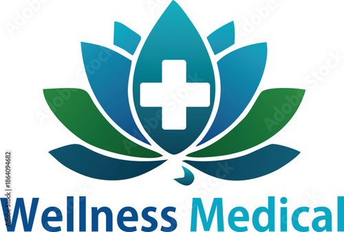 Modern medical wellness logo with lotus symbol and healthcare cross.