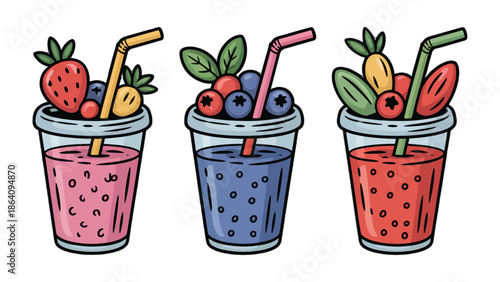 Colorful Smoothies: A trio of vibrant, eye-catching smoothies, each a delicious blend of fresh fruits, inviting a sense of refreshment and healthy living.