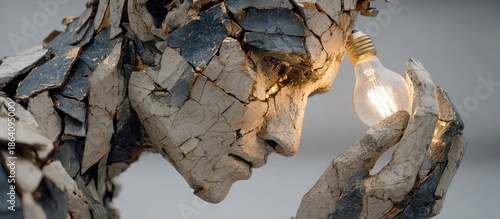 A broken figure contemplates a light bulb, concept of new ideas