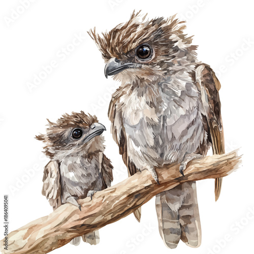 Mother Potoo With Her Kid, beautiful watercolor illustration with vivid colors and detailed vector style, isolated on a white background.