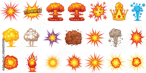 Cartoon explosion and impact effect vector set featuring blasts, fire bursts, smoke clouds, stars, and comic action elements