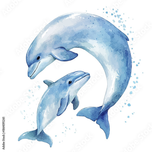 Mother Porpoise With Her Kid, charming watercolor vector with soft tones and graceful design, isolated on a white background.