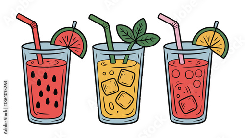 Cool Refreshments: Three vibrant glasses of refreshing beverages are presented with enticing garnishes, each beckoning with a unique and delicious allure.