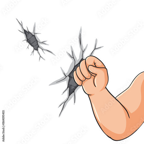 A cartoon arm with a clenched fist punching through a white wall, creating cracks and damage from the impact.