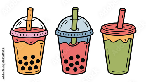 Bubble Tea Bliss: Vibrant bubble tea creations, a refreshing trio of flavored beverages with chewy tapioca pearls, are a delightful invitation to indulge in a sweet treat.