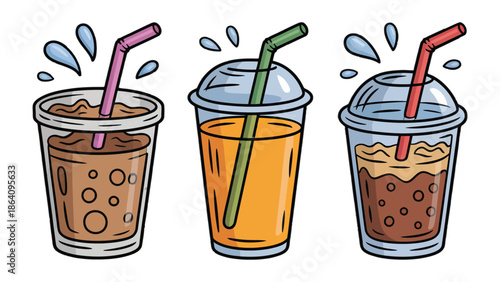 Refreshing Drinks Collection: A colorful collection of three refreshing drinks, each served in a clear cup with a lid and a straw, ready to quench thirst. A visual feast for those seeking a cool sip.