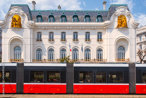 Photography The French Embassy building in Vienna with a tram