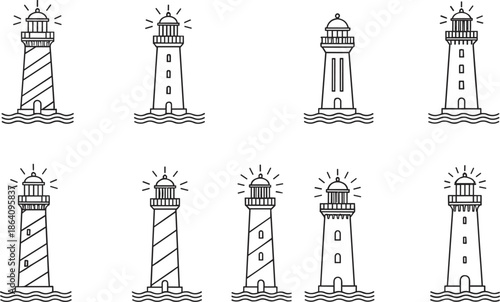 Lighthouse outline vector set featuring coastal navigation beacons, maritime safety symbols, and nautical guidance designs