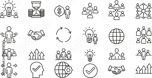Business teamwork and collaboration outline icon set featuring leadership, ideas, networking, growth, and corporate strategy concepts