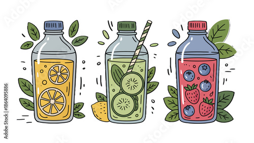 Refreshing Infusions: A vibrant collection of glass bottles showcase an array of healthy and refreshing fruit-infused beverages, inviting a glimpse into wellness. 