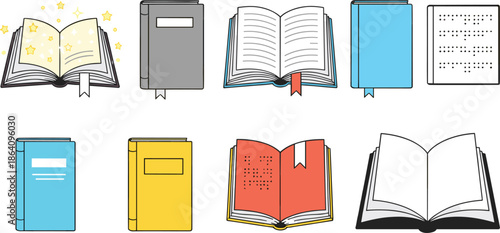 Book and notebook vector set featuring open books, hardcover volumes, reading, education, publishing, and learning concepts