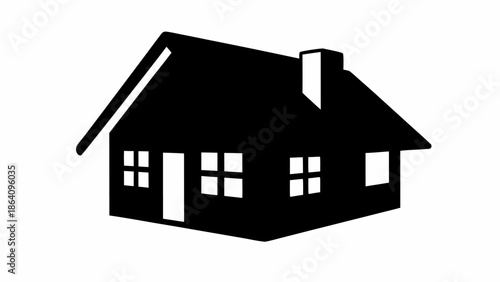 Simple black silhouette of a house with chimney and windows
