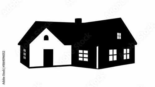 Simple black and white house silhouette with chimney and windows