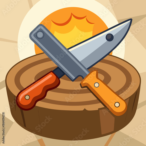 Pisau sederhana dengan gagang kayu dan peralatan logam lain tergeletak di atas batang kayu kering, diterangi cahaya matahari sore.
