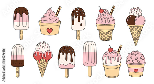 Collection of eleven delicious-looking ice cream treats, including cones, popsicles, and cups in pink and chocolate flavors.