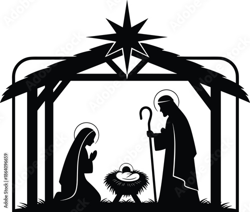 Nativity scene silhouette vector illustration with Mary Joseph and baby Jesus under Bethlehem star isolated on white background Christmas religious concept