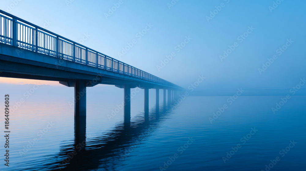 Obraz premium Long pedestrian bridge extending over calm water into dense fog during early morning blue hour with soft light and reflections