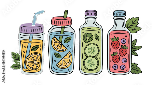 Refreshing elixir collection: A delightful illustration showcases a set of vibrant bottled beverages, each brimming with fresh fruits and herbs, evoking a sense of healthy hydration and natural zest.