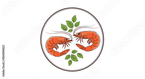 Hand-drawn illustration of two cooked shrimps with fresh basil leaves arranged on a circular plate, resembling a restaurant logo.