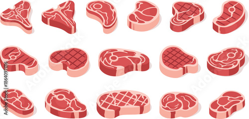 Raw meat steak cuts vector set featuring beef slices, butcher shop food illustrations, and culinary ingredient designs