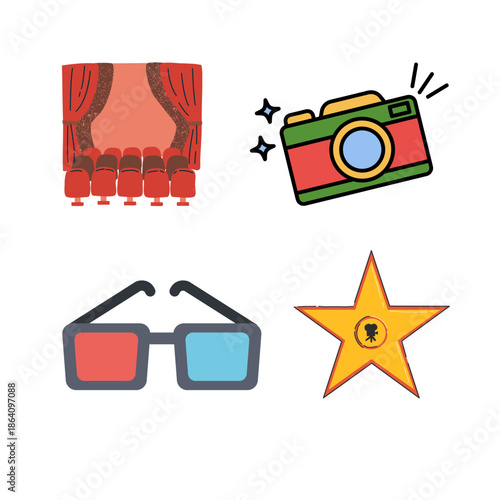 Cinema and Media Entertainment Icons with Camera, Glasses and Star Symbols