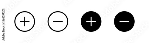 Plus and minus icons set with outline and filled styles for user interface design