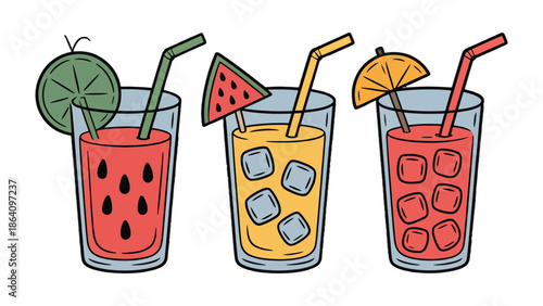 Refreshing Summer Cocktails: A trio of vibrant cocktails, garnished with fresh fruit, and colorful accessories. Ideal for summer parties, these beverages are a visual delight.
